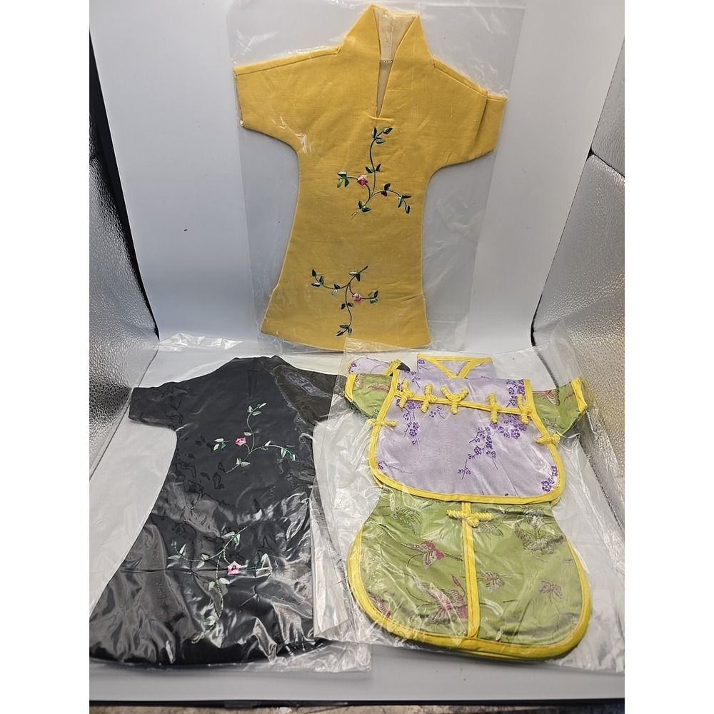 Lot of 3 Kimono Dress Design Wine Bottle Covers, Yellow, Black & Green